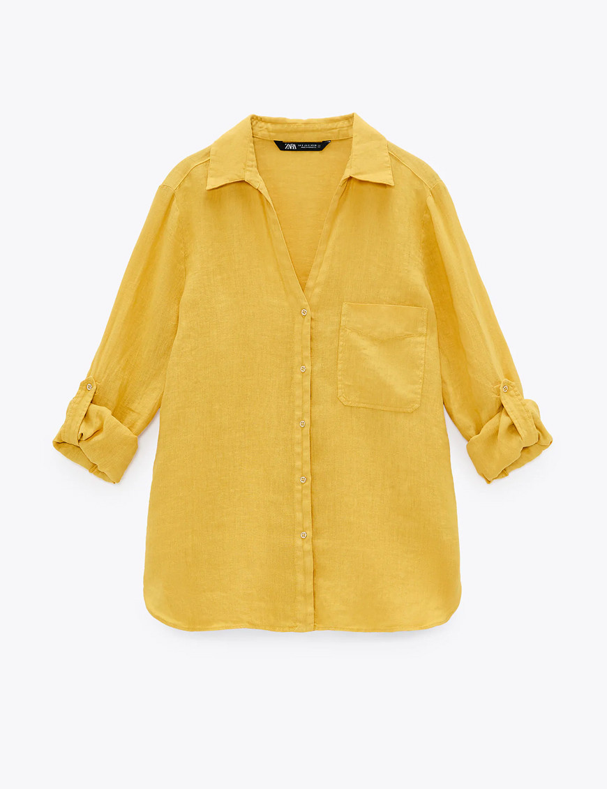 Linen yellow long sleeve v neck shirt