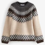 Brown Neutral Soft Touch Fair Isle Pattern Knitted Jumper