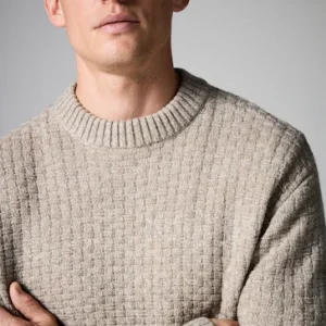 Regular Textured Knitted Crew Jumper With Wool